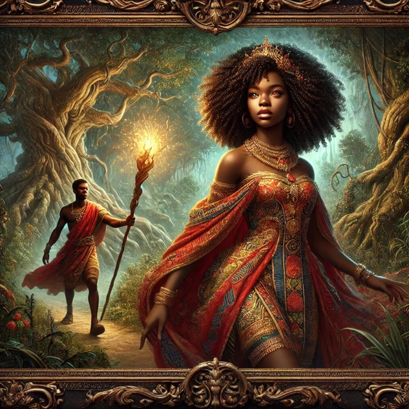"A regal African woman with natural curly hair, adorned in an elaborate, richly patterned dress, walking through an enchanted forest, symbolizing strength, heritage, and a deep connection to nature."